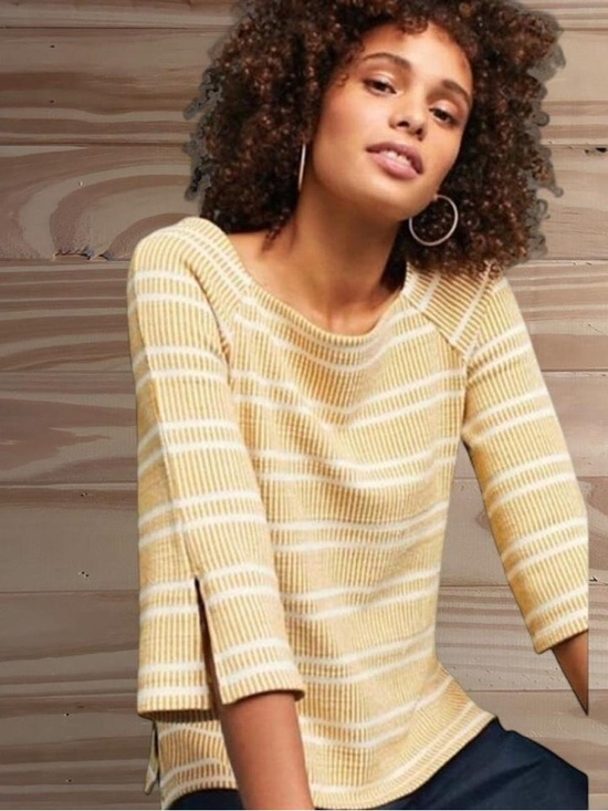 Tops - Anthropologie Postmark Mustard Yellow Striped Flared Sleeve Sweater size S
